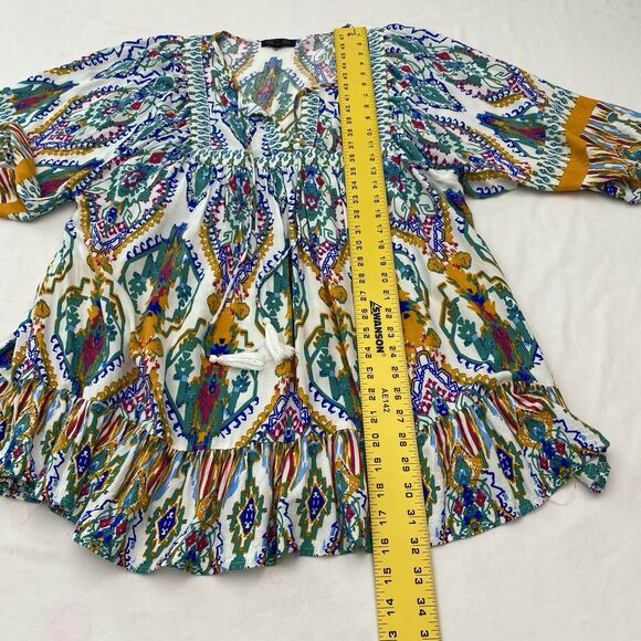 Rachel Zoe Top Womens 1X Multicolor Tassel 3/4 Sleeve Tunic Blouse Flowy Boho - Picture 9 of 10